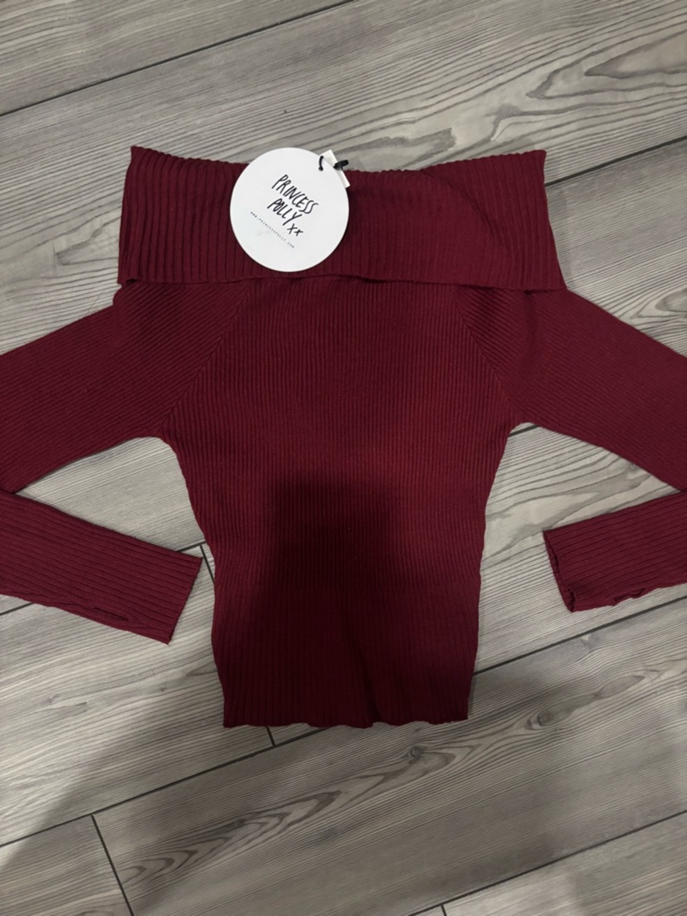 Princess Polly Wine Off-Shoulder Ribbed Knit Sweater